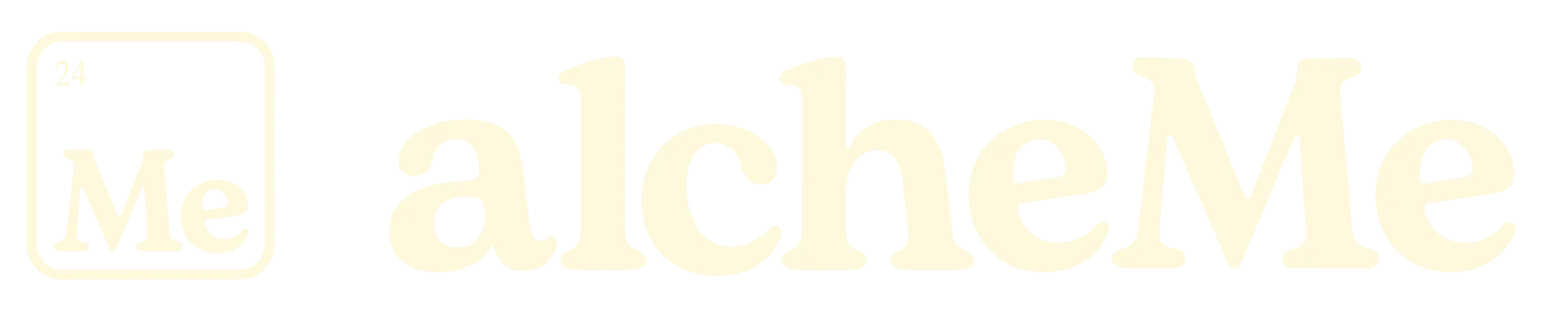 Cream text logo with '24 Me' in a box and 'alcheMe' in bold, rounded font on black background.
