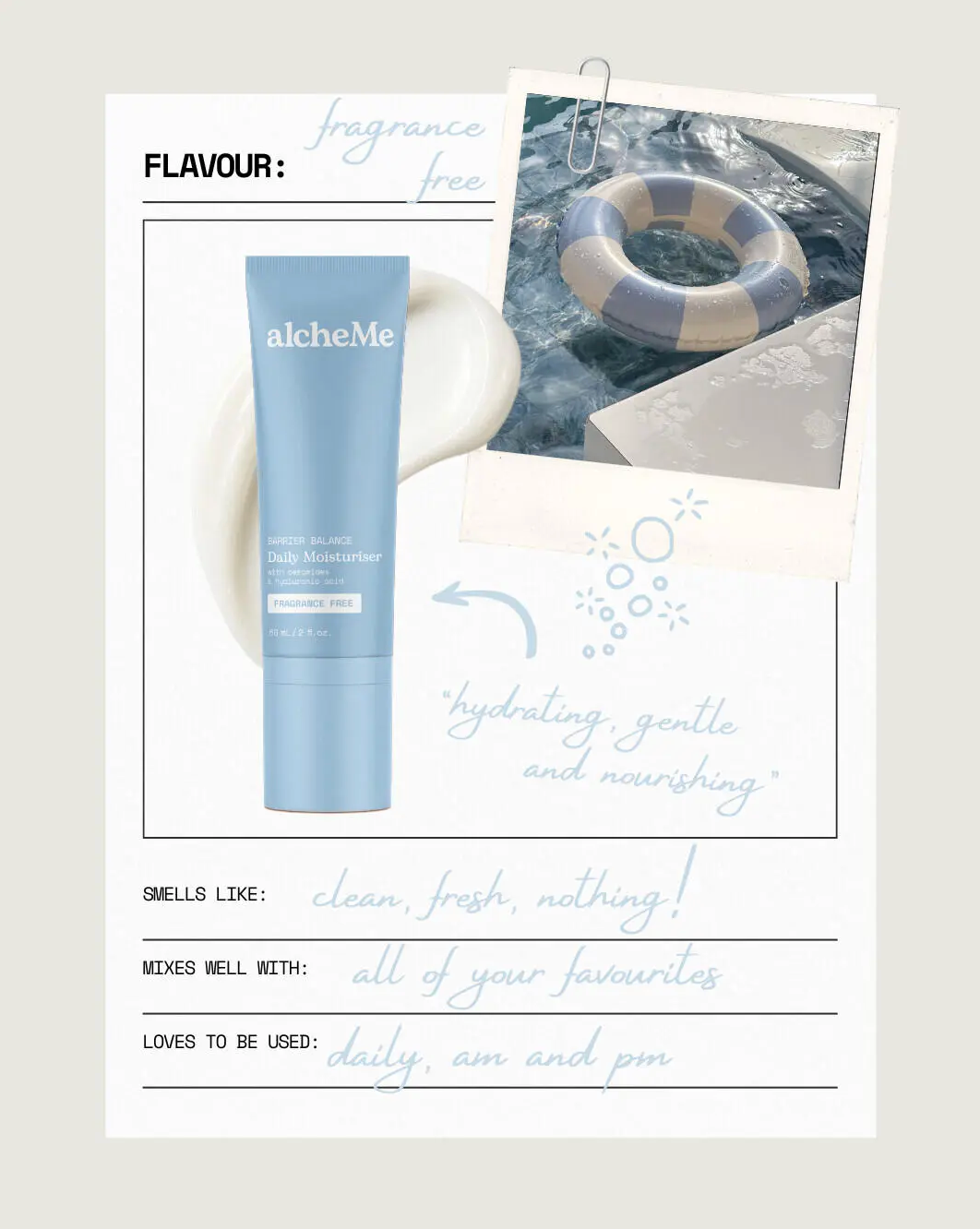 alcheMe fragrance free moisturiser scent card — smells clean, fresh, nothing, gentle daily skincare for teens