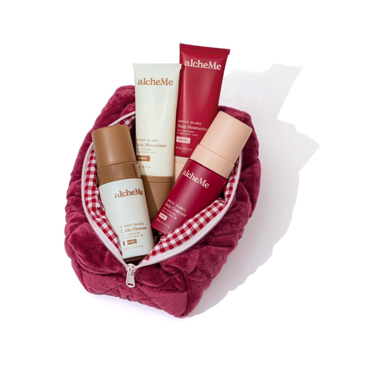 alcheMe Cherry Bomb Big Bundle contents — full-size cherry and coconut cleansers and moisturisers