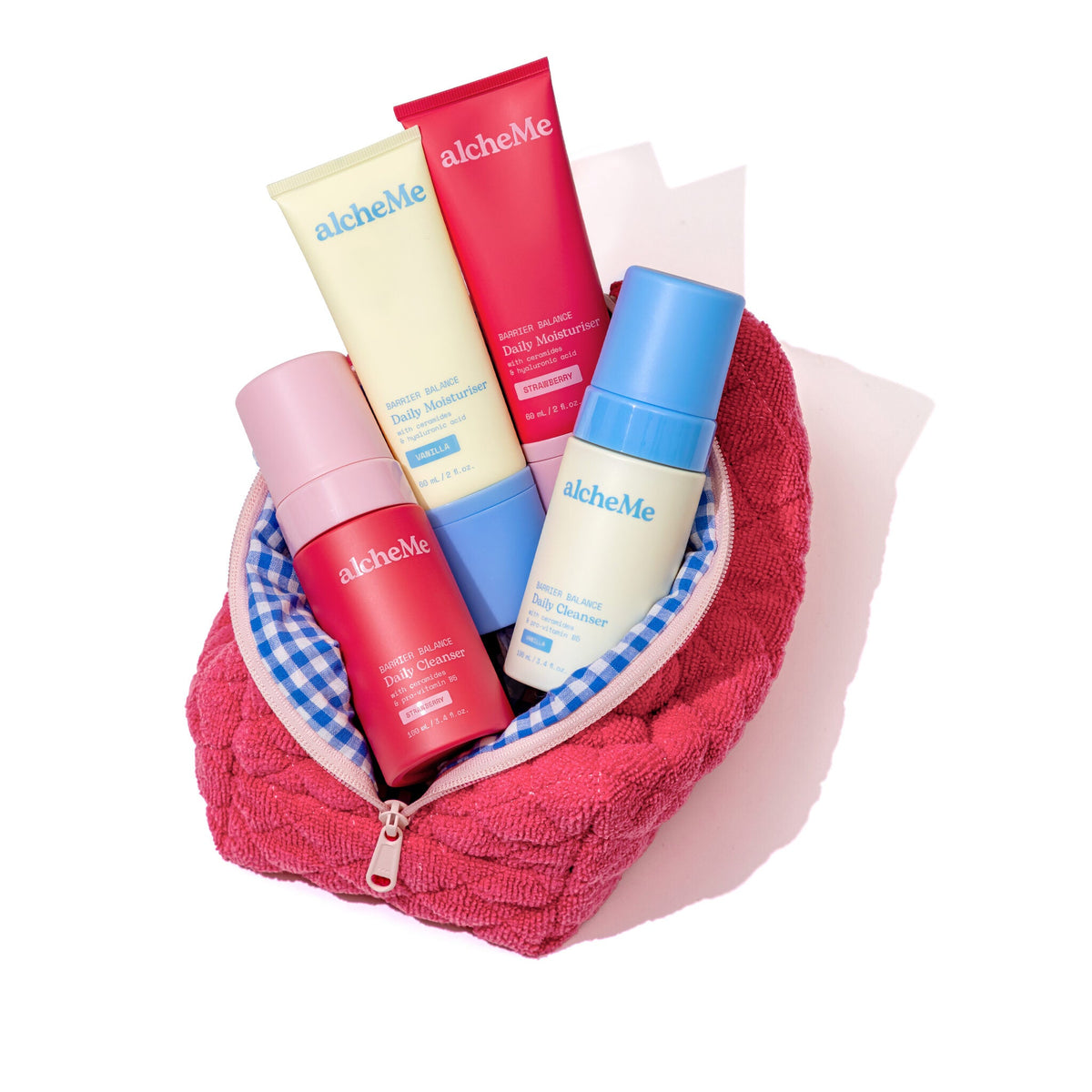 alcheMe Strawberries & Cream Big Bundle contents — full-size strawberry and vanilla cleansers and moisturisers